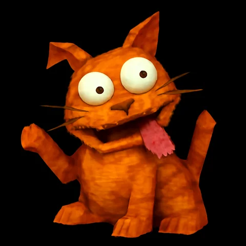 GoofyCat, an orange cat with googly eyes and his tongue out, waving